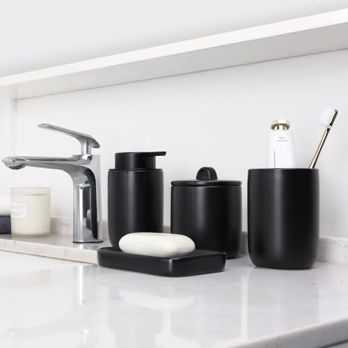 BosilunLife Ceramic Bathroom Accessories Sets Complete Bathroom soap Dispenser and Toothbrush Holder Set (Black-Foam) - color: Smooth-black-foam