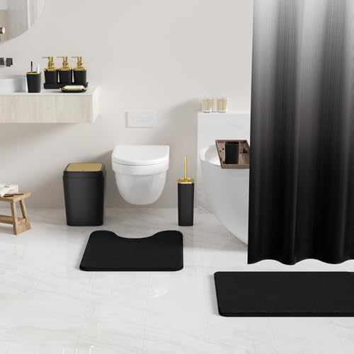 Bathroom Set - 26PC Bathroom Sets with Shower Curtain and Rugs, Bathroom Accessory Set, Black Bathroom Set, Elegant Bathroom Accessories Set, Shower Curtain Set, Trash Can & Soap Dispensers - color: Black & Gold, size: Bath Set+Shower Curtain+Bath Rugs