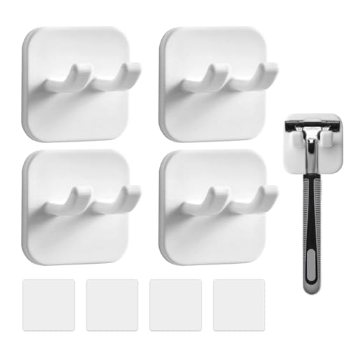 4 Pcs Razor Holder for Shower, Self Adhesive Shaver Hooks Waterproof for Wall 2025 Removable & Reusable Loofah Hanger Hooks Holder for Towels Accessories, Kitchen, Bathroom Use (White) - size: Large White-4PCS