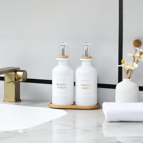 11.8OZ Mouthwash Dispenser for Bathroom with Bamboo & Stainless Steel Pour Spout, Mouthwash Cups Reusable, Bamboo Tray, and Elegant Gold Label. Set of 2（White - color: White/350*2