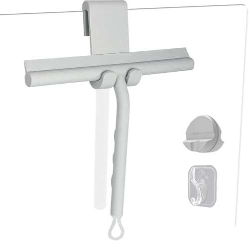Squeegee for Shower Glass Doors, Resilient Loop - No-Drill & Adhesive Hook, Silicone Shower Squeegee with Stainless Steel Core, Cleaning Tool for Home, Kitchen, Bathroom & Car - Grey - color: Gray, size: with loop