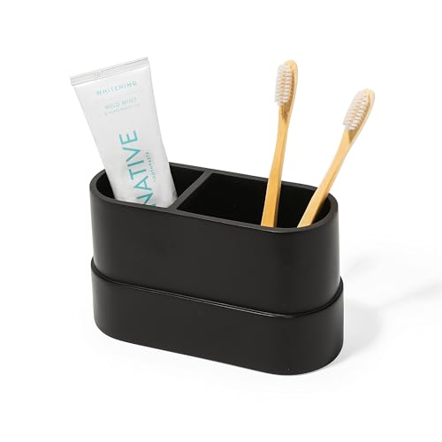 Matte Black Large Toothbrush and Toothpaste Holder and Cup for Bathroom Vanity and Countertop, 2 Compartment Organizer for Electric Toothbrushes, Floss, Razors, Cotton, and Mouthwash - YEW DESIGN - color: Large Round Matte Black