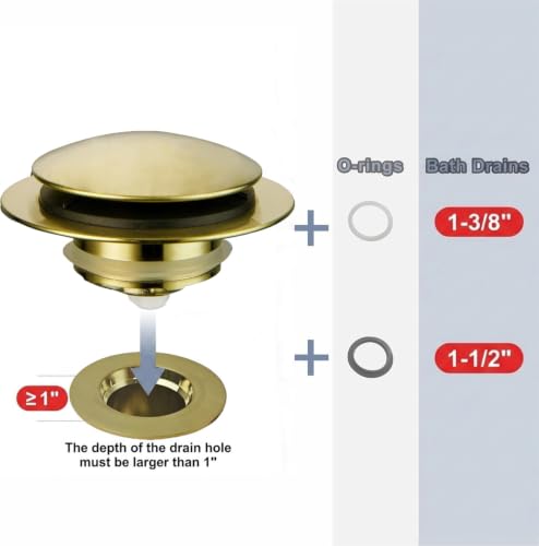 HIDROP Brushed Gold Pop Up Bathtub Stopper, Universal Tub Drain Stopper | Brass Tub Stopper, Fit 1-1/2" and 1-3/8" Tub Drain, Tip Toe Bathtub Drain Stopper, Tub Plug Replacement, EZ Installation - color: Gold