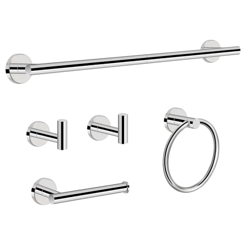 NearMoon 5 Pieces Bathroom Hardware Set SUS304 Thicken Stainless Steel-Towel Rack Kit Include 24" Towel Rod + Bath Towel Ring + Toilet Paper Holder + Robe Towel Hooks Bath Accessories (Chrome Finish) - color: Chrome Finish