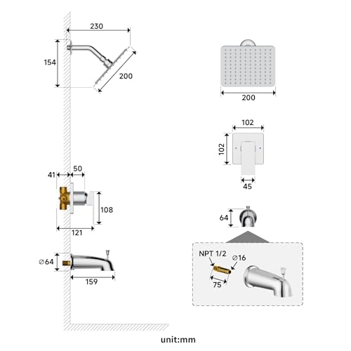 SunCleanse Tub Shower Faucet Set with Pressure Balance Valve, 8-Inch Rain Shower Head and Tub Spout, Single-Handle Shower Trim Kit, Shower Head and Handle Set for bathroom, Chrome - color: Chrome