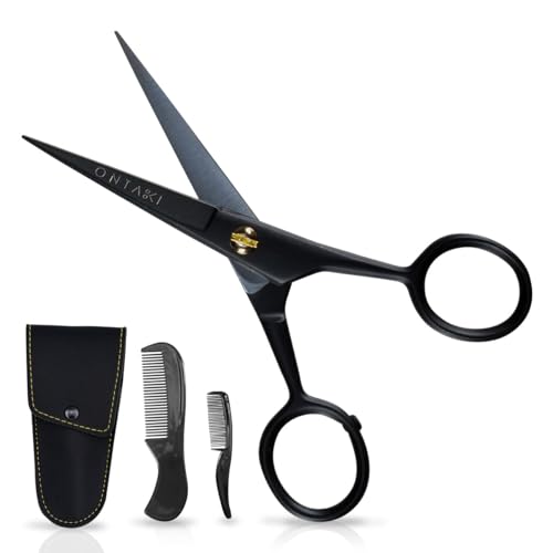 5" Beard and Mustache Scissors for Men with Combs - German Steel - Black | Bevel-Edge Precision Styling Scissors - Complete Beard and Moustache Trimming Kit - color: Black