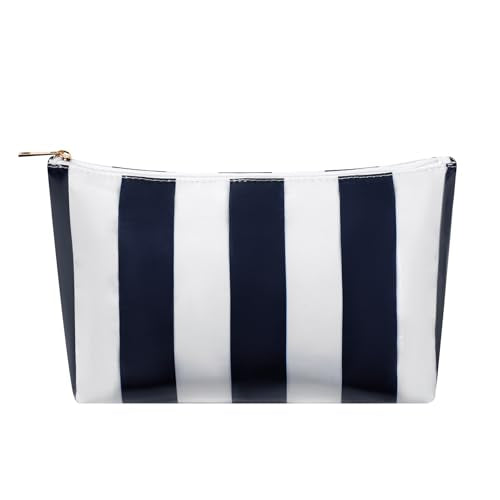 RSRSLEII Large Waterproof Travel Stripe Makeup Bag,Aesthetic PVC Toiletry Bag,Coquette Cosmetic Bag Organizer,Cute Preppy Carry-on Travel Accessories Essentials for Women Girls(Dark Blue) - color: Dark Blue