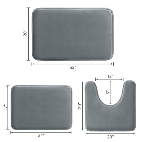 HUXMEYSON Bathroom Rugs Sets 3 Piece, Ultra Soft Velvet Memory Foam Bath Rugs, Non-Slip & PVC Backing Bathroom Mat Set, Washable Quick Dry Bath Rug - Grey - color: Grey, size: 17"x24"+20"x32"+U Shape 20"x24"