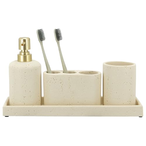 ZCCZ -Beige Bathroom Accessories Set 4 Pcs - Toothbrush Holder, Soap Dispenser, Vanity Tray, Bathroom Tumbler - Countertop Vanity Organizer - Bathroom Accessory Set- Toothbrush Holder Set, Stone Sets - color: Beige, size: 4pcs