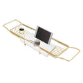 Expandable Bathtub Tray Caddy Shelf with Marble Table Mobile/Tablet Stand, Luxury Bath Tub Tray Rack, Bathroom Home Spa Shower Accessories Perfect Relaxing Spa Gifts for Women and Towel - color: Gold Rack+white Marble Board