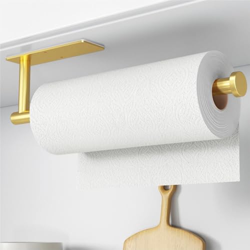 Paper Towel Holder - Self-Adhesive or Drilling, Gold, Wall Mounted, SUS304 Stainless Steel Kitchen Roll Dispenser Under Cabinet - color: Gold