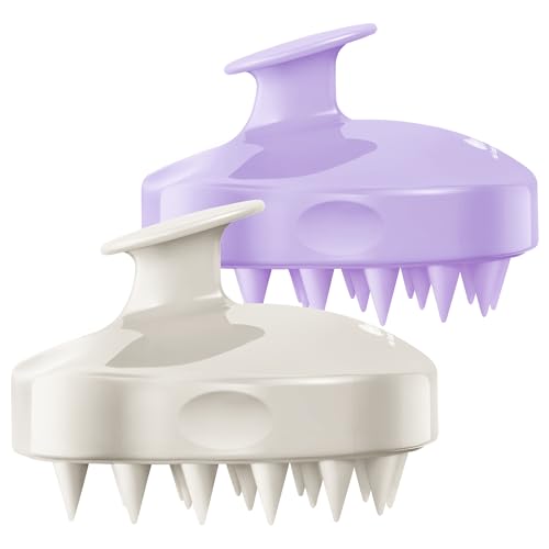 HEETA Hair Scalp Massager Shampoo Brush 2 Pack, Soft Silicone Bristles for Dandruff Removal, Waterproof for Wet & Dry Hair, Suitable for Men & Women (Light Beige & Purple) - color: Light Beige & Purple