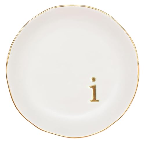 COLLECTIVE HOME Ceramic Jewelry Tray, Trinket Dish, Gifts for Women (I) | Mother's Day, Birthday, Christmas, Engagement Gifts, Vanity, Nightstand Decor, Embossed Gold Monogram Ring Dish with Gift Box - color: I