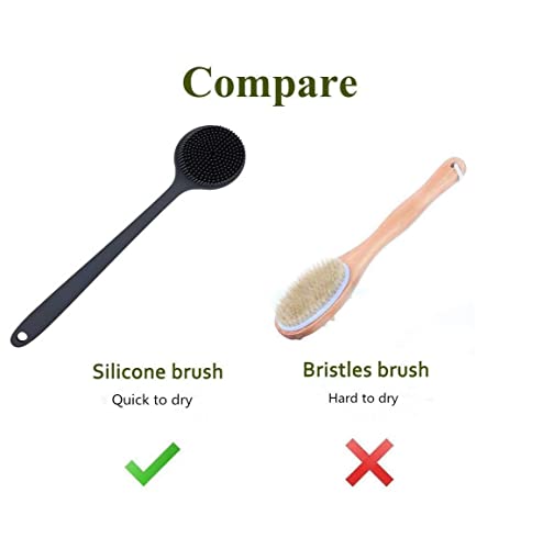 Long Handle Silicone Body Scrubber for Shower, Dual-Sided Back Scrubber Brush with Soft Bristles&Massage Nodes, Exfoliating Bath Brush for Hard to Reach Areas, Easy to Clean & Quick Dry, for Daily Use - color: Black