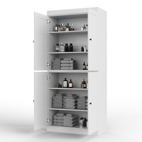 Palace Imports Solid Wood Tall Bathroom Pantry Cabinet with 4 Shaker Doors & Adjustable Shelves, White - 100% Eco-Friendly, Renewable, Space-Saving Storage, 71.5" H x 32" W, Made in Brazil - color: White