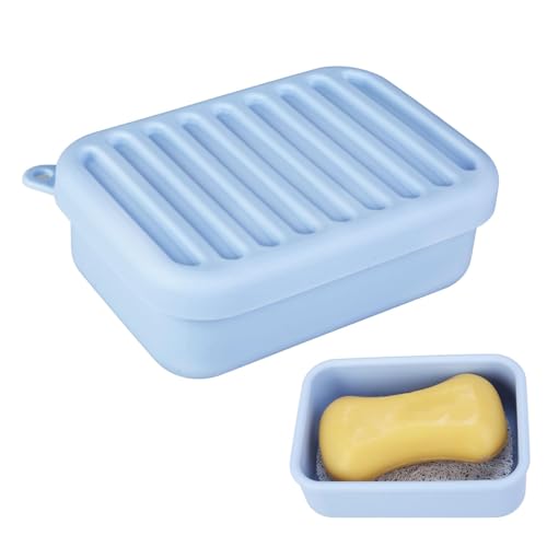 Silicone Travel Soap Case, Leak-Proof Soap Container with Drain Pad, Blue | Silicone Soap Holder, Travel Soap Case, Leak-Proof Soap Box, Removable Drain Tray, Portable Soap Container, Gym & Camping Use - color: Light Blue