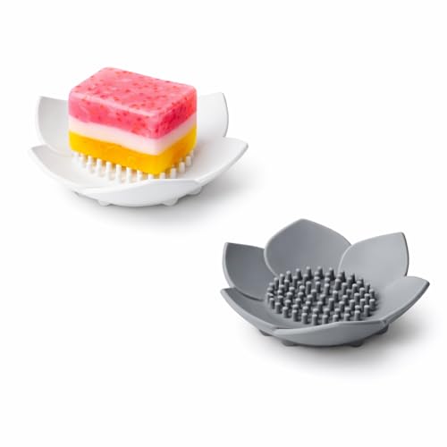 Silicone Soap Dish with Drainage, Flower Shape Soap Holder for Shower & Sink, Non-Slip Soap Saver Tray for Bathroom & Kitchen, Quick Dry Design, 2 Pack
