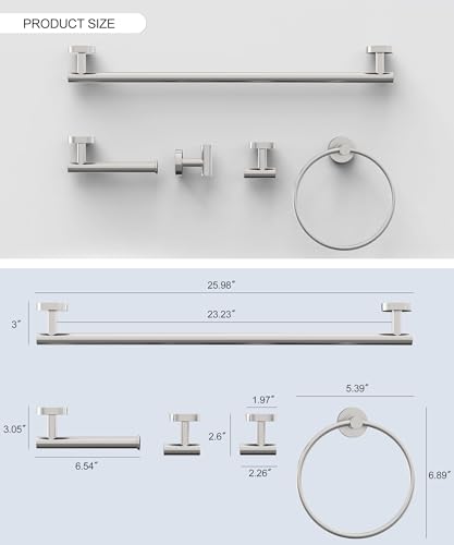 Brushed Nickel Bathroom Hardware Accessories Set 5 Pcs SUS304 Stainless Steel 26 Inch Hand Towel Bar Toilet Paper Holder Towel Ring Robe Towel Hooks Wall Mounted by HOMEMYSTIQUE - color: Brushed Nickel, size: 5 Pieces