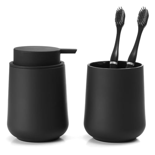 YAUKPH Matte Black Bathroom Accessories 2 Piece Set Plastic Soap Dispenser and Toothbrush Holder for Modern Bathroom Decor - color: Matte Black