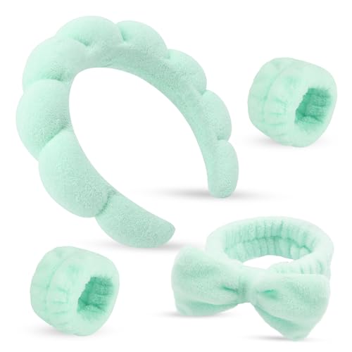 Headband for Washing Face and Wristband Set, Green | Soft absorbent fabric, snug head-hugging fit for face washing, skincare, makeup, masks, travel, women and teen girls - color: Green
