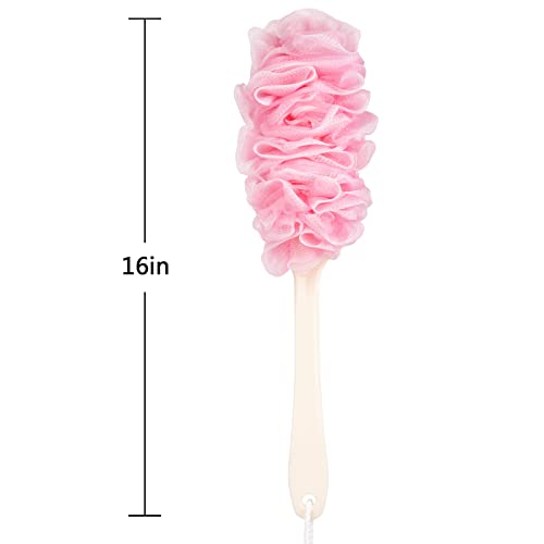 Lufa Back Scrubber for Shower, Anti-Slip Long Handle Bath Sponge Shower Brush, Soft Nylon Mesh Back Cleaner Washer, Loofah on a Stick Body Brush for Women&Men (Pink)