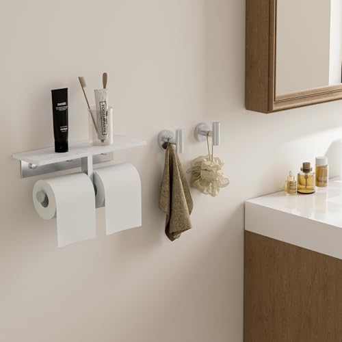 BWE Double Toilet Paper Holder with Shelf, Wall Mounted Tissue Roll Holder for Bathroom, Commercial Toilet Paper Dispenser, Marble Toilet Paper Storage Holder with Phone Shelf (Brushed Nickel) - color: Double Brushed Nickel