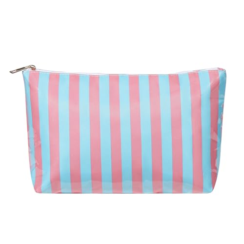 RSRSLEII Large Waterproof Travel Stripe Makeup Bag,Aesthetic PVC Toiletry Bag,Coquette Cosmetic Bag Organizer,Cute Preppy Carry-on Travel Accessories Essentials for Women Girls(02Pink Blue) - color: 02Pink Blue