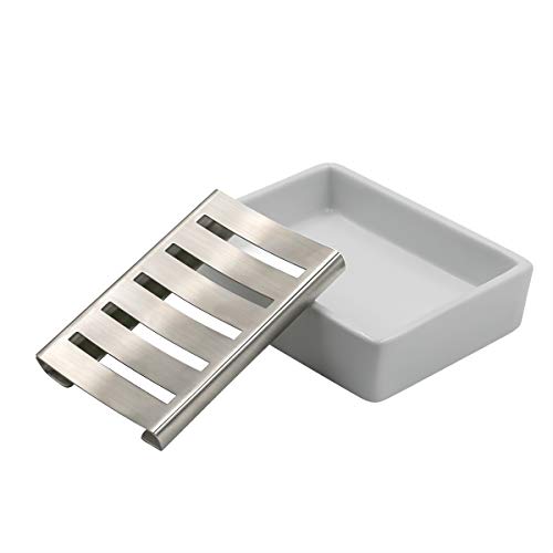 TOPSKY Ceramic Soap Dish Holder Stainless Steel for Bathroom, Double Layer, Self-draining Soap Tray, Say No to Mushy Soap, Easy Cleaning. (White)