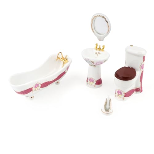 Dollhouse Bathroom Set 5PCS Miniature Porcelain Furniture 1/12 Victorian Dollhouse Furniture White Ceramic Toilet Bathtub Washbasins Decoration Accessory (Red) - style: Red