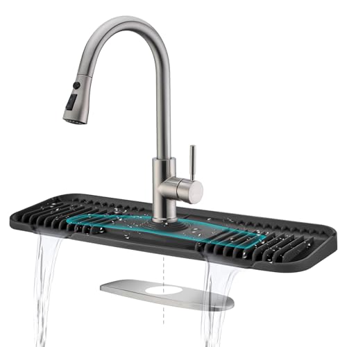 Kingmall 2nd Generation Silicone Faucet Mat, Kitchen Faucet Drip Catcher with Cuttable Circular Center for Kitchen Sink, Tailor-Made for Faucets with Deck Plate, 100% Food Grade Silicone, Black - color: For Faucets with Deck Plate (Black)