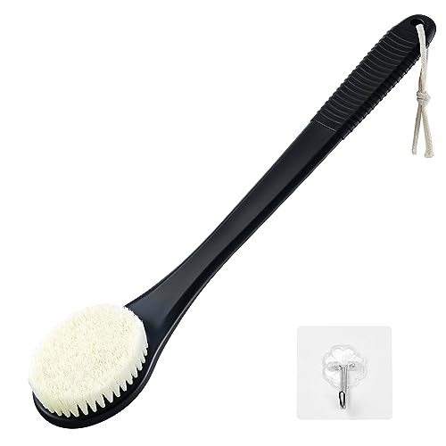 Back Scrubber for Shower, Shower Body Brush for Cleaning with Long Handle for Showering, 17 Inch Back Washer Exfoliator for Shower Men Women with Non-Slip Handle, Adhesive Hook (Black) - size: Black - Artificial Bristles