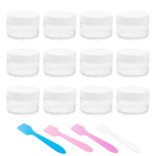 12 Pcs 15ml/0.5oz Small Travel Containers, 4 Pcs Makeup Spatula, Clear Plastic Cosmetic Jar Refillable Roun for Lotion Cream Products Sample Bottles, Plastic with Screw on Lid Container (white) - color: white