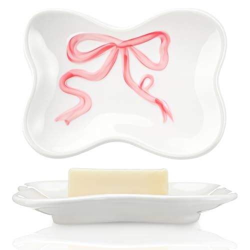 Pink Bow Girls Soap Dish Bathroom Decor Coquette Ceramic Cleaner Dish Bow Soap Holder Aesthetic Preppy Room Decor Saver Tray for Kitchen Sink Bathroom Baby Shower Wedding Gift, Easy Cleaning