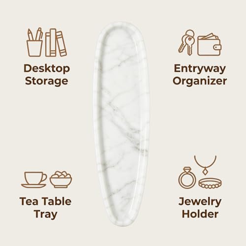Natural Marble Vanity Tray, 16.6"x4.6" White Real Stone Decorative Tray for Bathroom Countertop & Home Decor, Catchall Organizer for Jewelry, Candles, Cosmetics & Perfume（White） - color: White