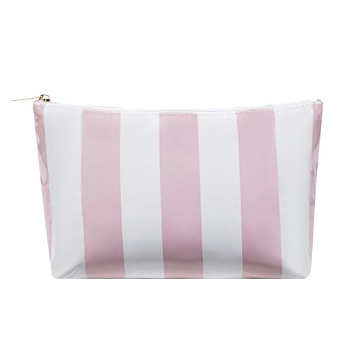 RSRSLEII Large Waterproof Travel Striped Makeup Bag, Aesthetic PVC Toiletry Bag, Coquette Cosmetic Bag, Sunscreen Accessories Storage Organization, Beach Travel Purse(Pink) - color: Pink