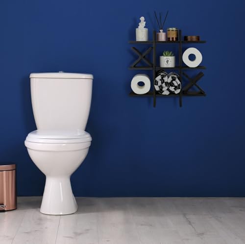 Weysat Tic Tac Toe Toilet Paper Holder Stand Bathroom Wall Decor Rustic Wooden Hanging Storage Freestanding Wall Mounted Shelves Decor for Toilet Tissue Farmhouse - color: Black