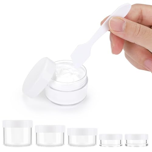 Accmor 10 Pieces Makeup Travel Containers with Lids 0.11/0.18/0.35/0.53/0.7 OZ Size Cosmetic Jars with 5 Pieces Mini Spatulas for Gift, Makeup Sample Container(White & Blue) - color: White+Blue