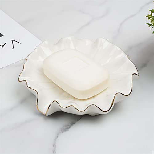 Soap Dish with Drain Ceramic White Lotus Leaf Soap Holder Soap Saver for Bar Soap, Kitchen Sink, and Bathroom Shower - color: White