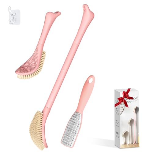New Foot Brush & Foot File Set(2PCS), 3-in-1 Foot Scrubber in Shower, 10.2’’-27.5’’Adjustable Long Handle Foot Scrub Brush and Upgrade Foot File Callus Remover, Gift-Box Packed(Pink Set) - color: Pink+foot File