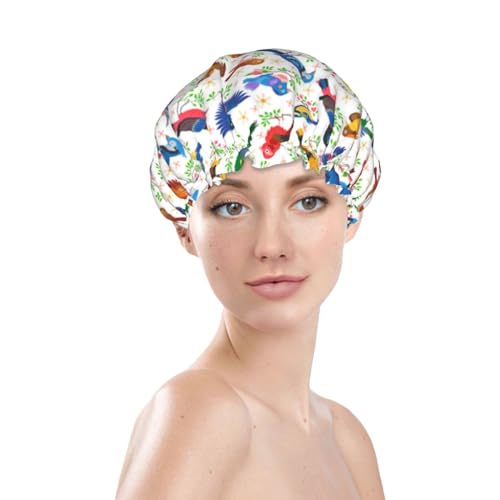 Birds Pattern Shower Cap For Women Reusable Waterproof Double Layers Bath Cap Hair Protection Elastic Ladies Spa Salon Shower Hat - color: Birds Pattern