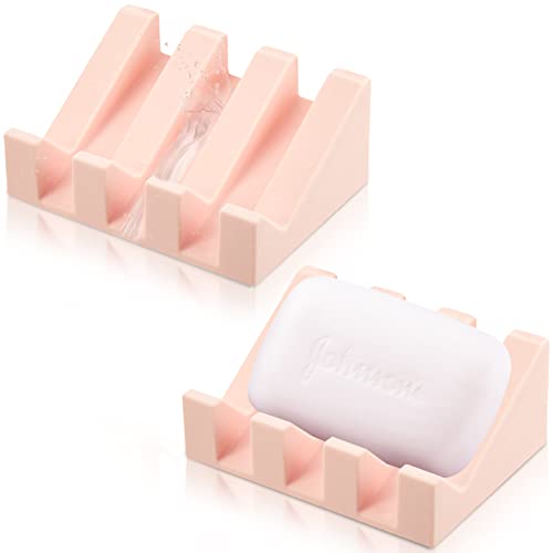 Cunhill 2 Pieces Silicone Soap Dish Self Draining Soap Dish Shower Waterfall Bar Soap Holder Tray with Drain Soap Saver for Kitchen Bathroom Accessories (Light Pink) - color: Light Pink