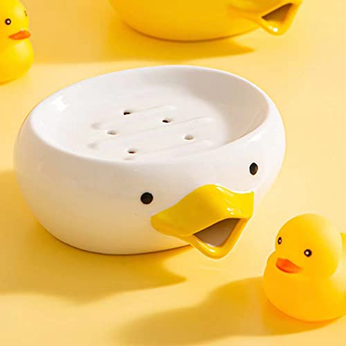 Soap Holder Ceramic Soap Dish with Drain Perforations, Cute Duck Styling Bar Soap Holder for Shower, Easy Cleaning Soap Saver Tray Decoration for Bathroom, Sinks, Kitchen (Duck.1)