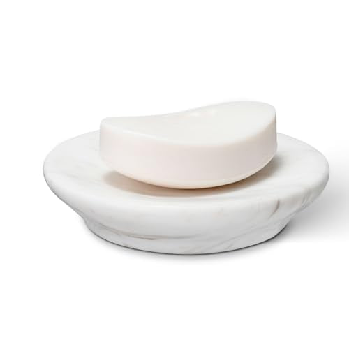 Natural Marble Soap Dish, Round White Jewelry Dish 4.5 Inch, Limestone Shower Soap Holder, Modern Stone Sponge Holder with Beveled Edge, Bar Soap Saver Tray for Bathroom, Kitchen - color: Volakas 4.5-in Circ Beveled