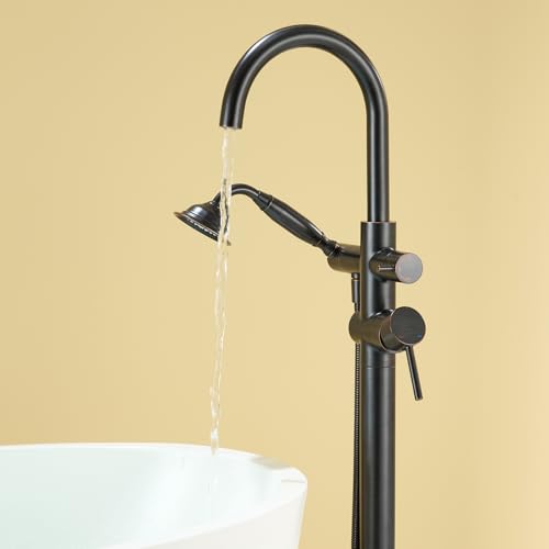 Wowkk Tub Filler Freestanding Bathtub Faucet Oil Rubbed Bronze Floor Mounted Brass Bathroom Tub Faucets with Hand Shower - color: Oil Rubbed Bronze