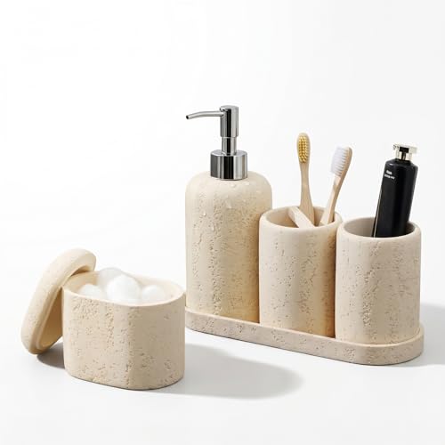 Bathroom Accessories Set, 5PCS, Travertine Stone Look, Yellow | Modern Bathroom Accessory Set with 13.53OZ Soap Dispenser, Mouthwash Cup, Toothbrush Holder, Qtip Holder, Vanity Tray - color: Yellow