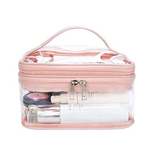 Double Layer Clear Cosmetic Bag Makeup Bag, Waterproof Travel Toiletry Bag, Transparent PVC Hair & Nail Accessories Pouch Beach Bag Organizer (Pink) - color: Pink