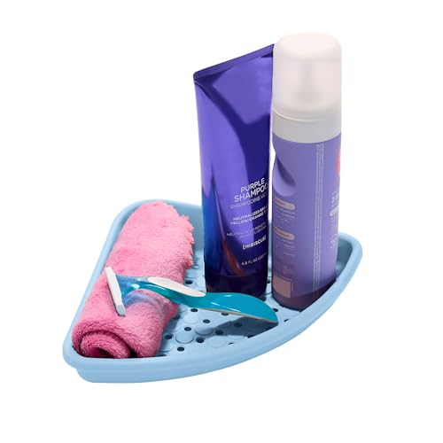 madesmart Bathtub Corner Shelf, Suction Cup Bath Organizer for Shampoo, Soap, Razors & Shower Accessories, Non Slip Bathroom Storage Tray with Drainage Holes, Blue - color: Blue