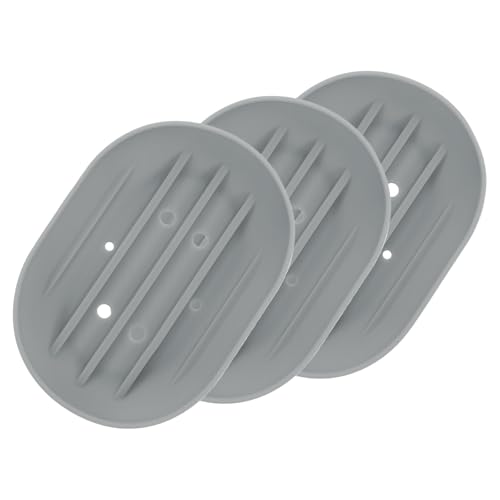 uxcell 3Pcs Small Soap Dish, Silicone Bathroom Soap Holder Oval Shape Bar Soap Dish Self-Draining Soap Tray with Holes for Shower, Bathroom, Kitchen, Counter Top (Grey) - color: Gray