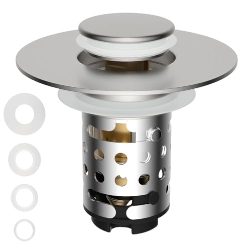 Universal Bathroom Sink Drain Stopper Hair Catcher, Brushed Nickel | Upgraded with 2-Layer Detachable Filter Basket, 4 in 1 Pop Up Drain Strainer, Anti-Clog, Fit for 1.1''~2.36'' Sinks - color: Brushed Nickel Finish