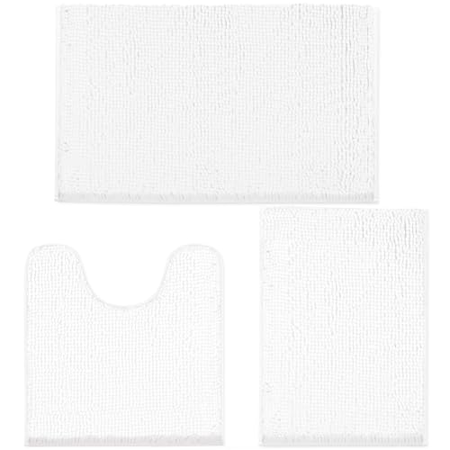 TREETONE Bathroom Rugs Sets, Thick Soft Absorbent 3 Piece Chenille Bath Rugs, Non-Slip, Dry Quickly, Machine Washable, Shaggy Mats with U-Shaped Toilet Rug for Bathroom Floor, Tub and Shower, White - color: White, size: 16"x24"+20"x32"+U Shape 20"x20"